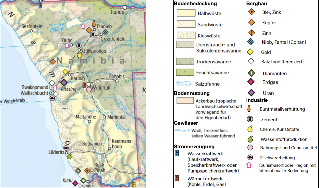 Karte von Namibia mit Legende zu Bodenbedeckung, Bergbau, Industrie und Gewässern.